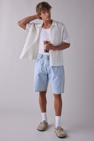 925 Originals 925 Originals Kurt Crochet Button-Down Polo Sweater in Ivory, Men's at Urban Outfitters