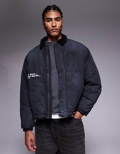 AAPE BY A BATHING APE® Aape by A Bathing Ape boxy workwear trucker jacket in overdyed black denim