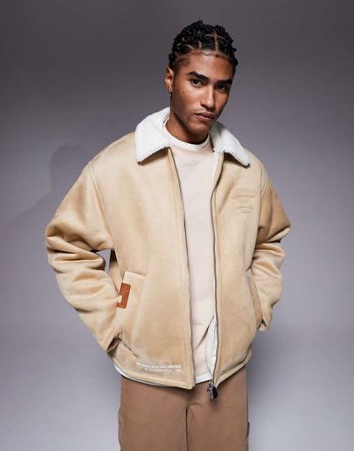 AAPE BY A BATHING APE® Aape by A Bathing Ape faux suede chore jacket in beige with faux fur lining-Neutral