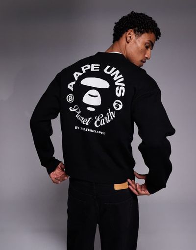 AAPE BY A BATHING APE® Aape by A Bathing Ape knit cardigan in black with back appliqué
