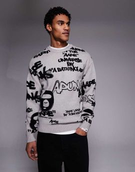 AAPE BY A BATHING APE® Aape by A Bathing Ape knit sweater in gray with all over graffiti print-Multi