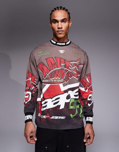 AAPE BY A BATHING APE® Aape by A Bathing Ape long sleeve motocross t-shirt in brown and red-Multi