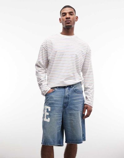 AAPE BY A BATHING APE® Aape by A Bathing Ape loose fit denim jorts in washed blue with logo print