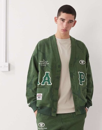 AAPE BY A BATHING APE® Aape by A Bathing Ape oversized cardigan in dark green camo with logo embroidery-Multi