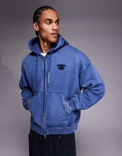 AAPE BY A BATHING APE® Aape By A Bathing Ape oversized heavyweight zip through hoodie in washed blue with printed hood-Multi