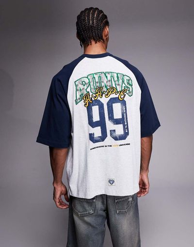 AAPE BY A BATHING APE® Aape by A Bathing Ape oversized raglan t-shirt in gray and blue with back print-Multi