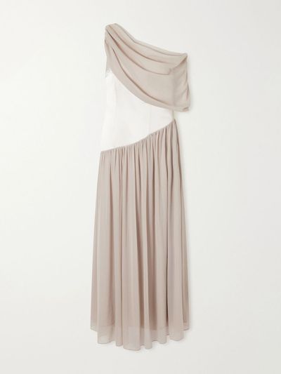 ABADIA Gwyneth asymmetric draped satin-trimmed gerogette gown