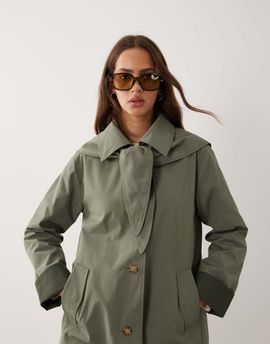 Abercrombie & Fitch Abercrombie & Fitch a line cropped trench coat with scarf detail in khaki-Green