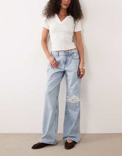 Abercrombie & Fitch Abercrombie & Fitch baggy fit low rise jeans with crochet rip detail in light blue wash