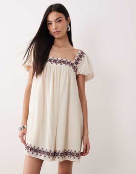 Abercrombie & Fitch Abercrombie & Fitch boho embelished puff sleeve babydoll mini dress in cream-Red