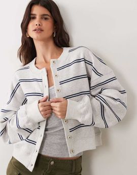 Abercrombie & Fitch Abercrombie & Fitch boxy sweatshirt cardigan in gray and navy stripes-Multi