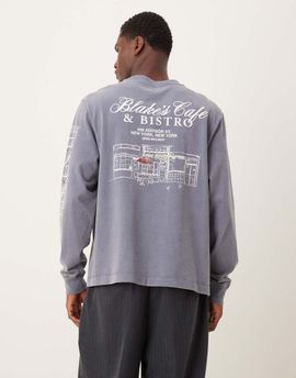 Abercrombie & Fitch Abercrombie & Fitch coffee graphic long sleeve T-shirt in washed blue
