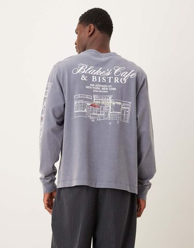 Abercrombie & Fitch Abercrombie & Fitch coffee graphic long sleeve T-shirt in washed blue