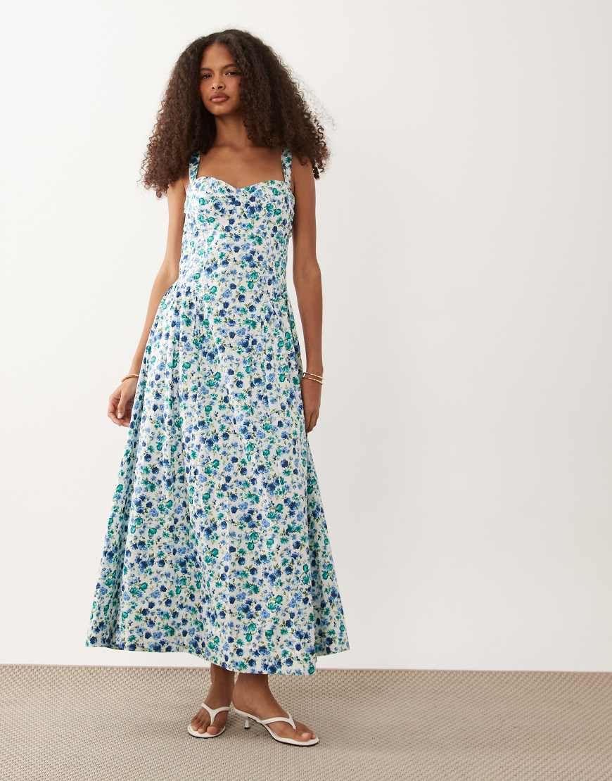 abercrombie blue floral dress & Fitch Features a square neckline Size:S - US 4 Antoni Silk Dress trim detail