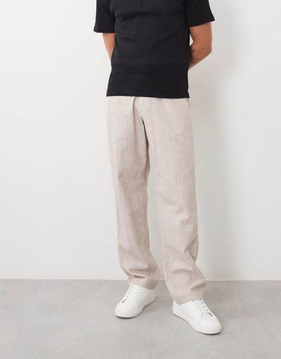 Abercrombie & Fitch Abercrombie & Fitch cotton linen blend relaxed straight fit smart pants in cream-Gray
