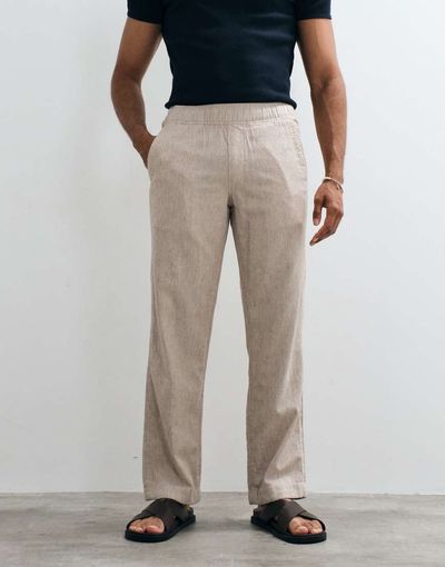 Abercrombie & Fitch Abercrombie & Fitch cotton linen mix relaxed fit pull on trouser in beige-Brown