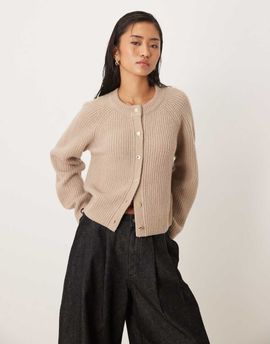Abercrombie & Fitch Abercrombie & Fitch crew neck button up cardigan in oatmeal-Neutral