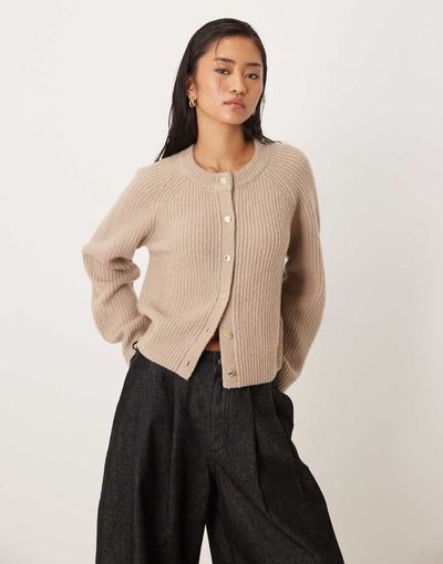 Abercrombie & Fitch Abercrombie & Fitch crew neck button up cardigan in oatmeal-Neutral