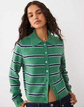 Abercrombie & Fitch Abercrombie & Fitch cropped knit collar cardigan in green and white stripe-Multi