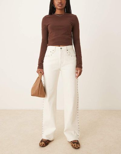 Abercrombie & Fitch Abercrombie & Fitch curve love high rise 90's relaxed studded jeans in ecru-White