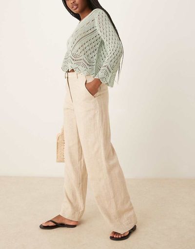 Abercrombie & Fitch Abercrombie & Fitch curve love linen blend high rise tailored pants in oatmeal-Neutral