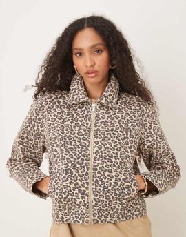 Abercrombie & Fitch Abercrombie & Fitch denim front zip workwear jacket in leopard print-Multi