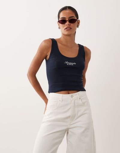 Abercrombie & Fitch Abercrombie & Fitch embroidered logo scoop neck tank top in navy