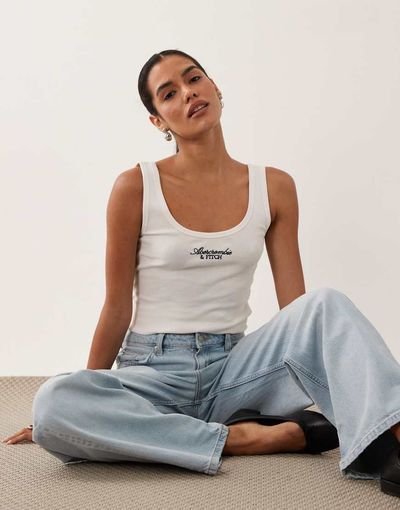 Abercrombie & Fitch Abercrombie & Fitch embroidered logo scoop neck tank top in white