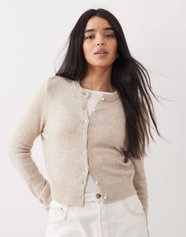 Abercrombie & Fitch Abercrombie & Fitch faux pearl button up cardigan in beige-Neutral
