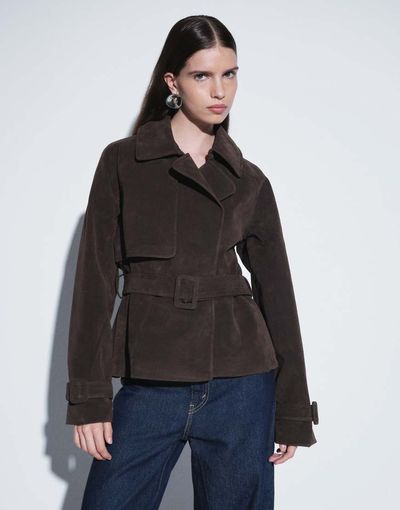 Abercrombie & Fitch Abercrombie & Fitch faux suede belted short trench in dark brown