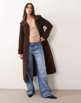Abercrombie & Fitch Abercrombie & Fitch faux suede funnel neck belted trench coat in brown