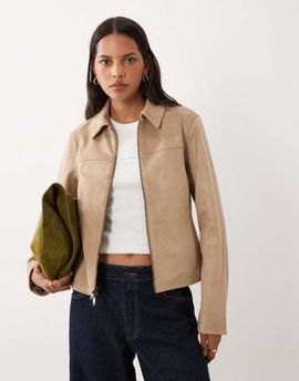 Abercrombie & Fitch Abercrombie & Fitch fitted 90s faux suede jacket in cream-White
