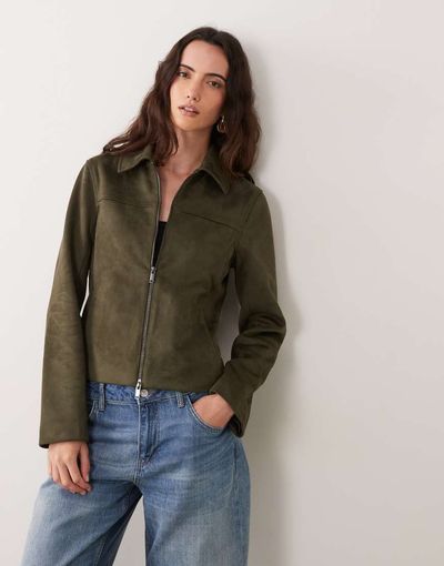 Abercrombie & Fitch Abercrombie & Fitch fitted 90s faux suede jacket in khaki green