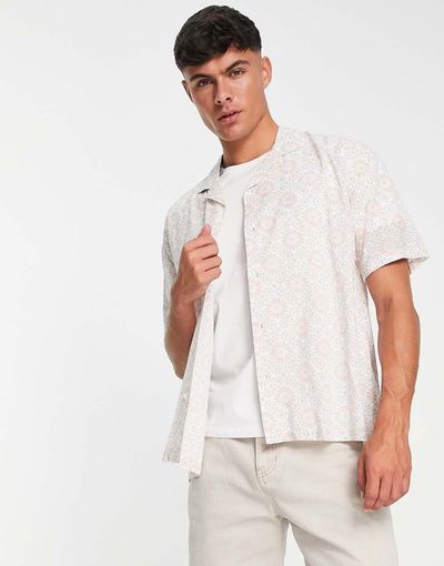 Abercrombie & Fitch Abercrombie & Fitch geo tile print short sleeve resort shirt in tan-Brown