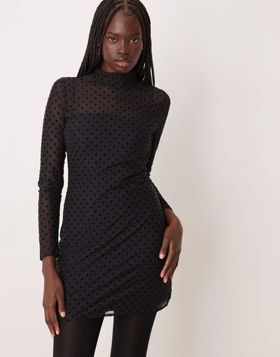 Abercrombie & Fitch Abercrombie & Fitch high neck open back mesh mini dress in black spots