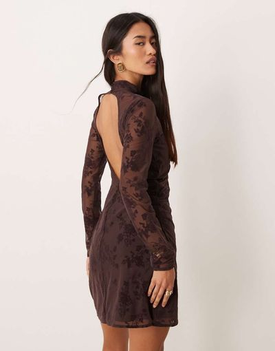 Abercrombie & Fitch Abercrombie & Fitch high neck open back mini dress with bra insert in brown floral
