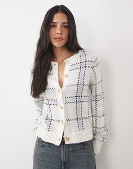 Abercrombie & Fitch Abercrombie & Fitch knit crew neck cardigan in beige plaid-Neutral