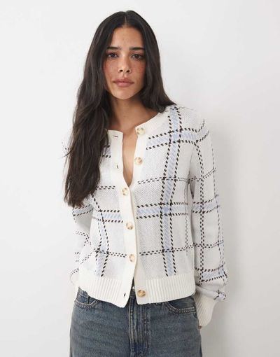 Abercrombie & Fitch Abercrombie & Fitch knit crew neck cardigan in beige plaid-Neutral