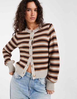 Abercrombie & Fitch Abercrombie & Fitch knit crew neck cardigan in brown and cream stripes-White