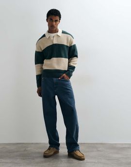 Abercrombie & Fitch Abercrombie & Fitch knit long sleeve button up polo sweater with contrast collar in green and cream stripes-Multi