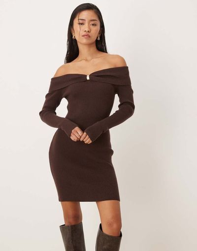 Abercrombie & Fitch Abercrombie & Fitch knit off shoulder mini dress with hardware detail in brown