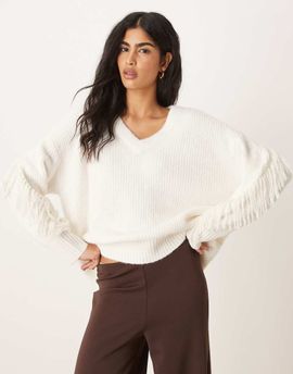 Abercrombie & Fitch Abercrombie & Fitch knit v neck oversized sweater in cream-White