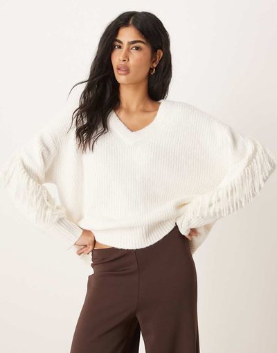 Abercrombie & Fitch Abercrombie & Fitch knit v neck oversized sweater in cream-White