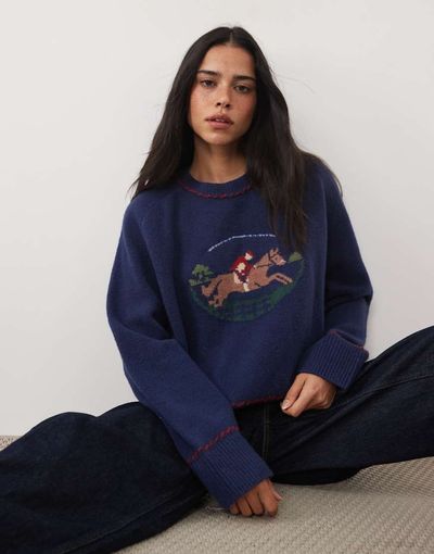 Abercrombie & Fitch Abercrombie & Fitch knitted crew neck horse graphic sweater in navy-MULTI