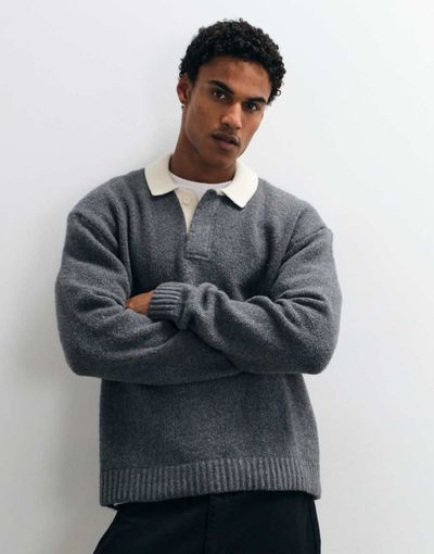 Abercrombie & Fitch Abercrombie & Fitch knitted long sleeve button up polo sweater with contrast collar in gray