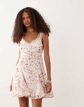 Abercrombie & Fitch Abercrombie & Fitch lace trim mini dress in cream floral print-White
