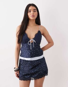 Abercrombie & Fitch Abercrombie & Fitch lace trim satin mini skort in navy polka dots - part of a set