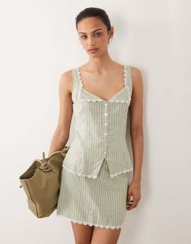 Abercrombie & Fitch Abercrombie & Fitch linen blend cami top with scalloped edge in green stripe - part of a set