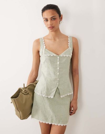 Abercrombie & Fitch Abercrombie & Fitch linen blend cami top with scalloped edge in green stripe - part of a set
