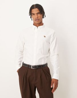 Abercrombie & Fitch Abercrombie & Fitch long sleeve icon logo oxford shirt in white-Black